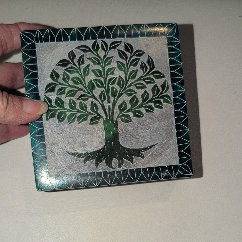 Green Tree Design Soap Stone Decorative Box New Without Tags